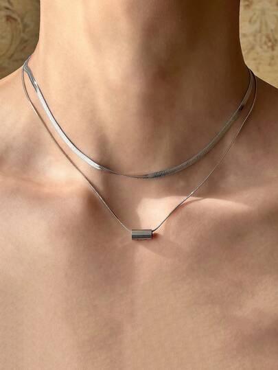 1set Double-Layer Stainless Steel Snake Bone Necklace, Minimalist Lucky/Good Bar Pendant Clavicle Chain, Hip Hop Streetwear Cool Style Unisex, Suitable For Daily Wear, Street Shooting, Dating, Party, Perfect Gift For Birthday, Christmas, Anniversary