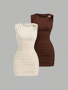 Conjunto de 2 piezas de moda europea y americana para mujer, vestido mini versátil casual y de oficina con decoración metálica retorcida y asimétrica - Multicolor 2 - Ver 1