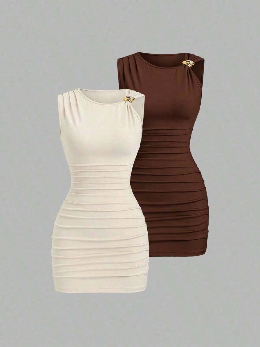 Conjunto de 2 piezas de moda europea y americana para mujer, vestido mini versátil casual y de oficina con decoración metálica retorcida y asimétrica - Multicolor 2 - Ver 1