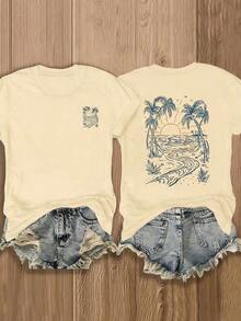 Women's Palm Tree Print Casual Round Neck Short Sleeve T-Shirt, Vacation/Resort WearPrinted Round Neck Short Sleeve Women's Tee - Daily Casual, Sports & Fitness, All Seasons (Perfect For /Valentine's Day) - Màu be - Xem 9
