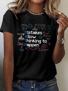 Camiseta con estampado de matemáticas, top casual de manga corta y cuello redondo, ropa de primavera/verano para mujer. - Negro - Ver 7