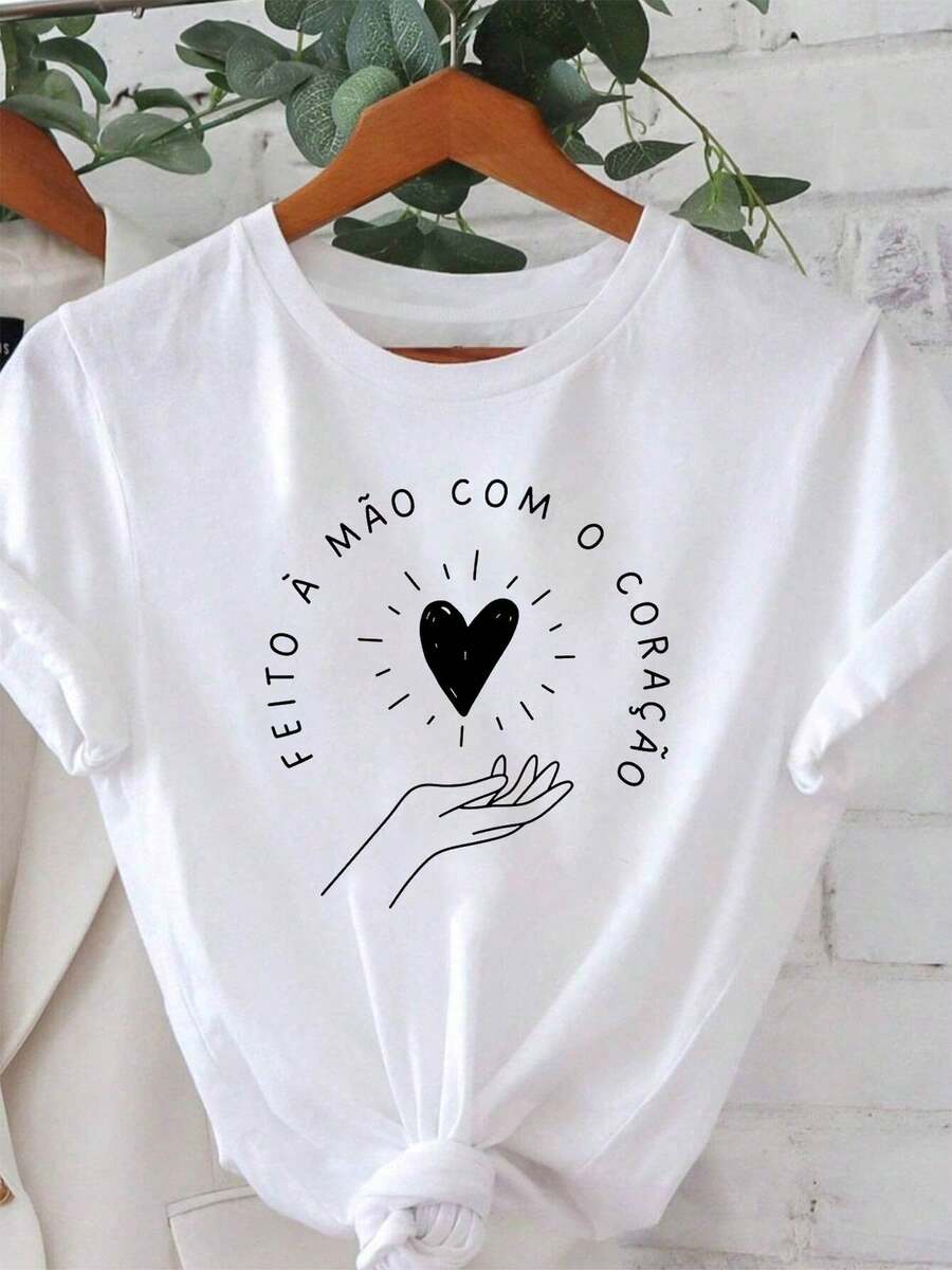 Portuguese Handmade Hand-Drawn Heart Print Women's T-Shirt Craft Daily Market Scroll Top Minimalist Style Short Sleeve Life Vibe Tee - 白色 - 查看 1