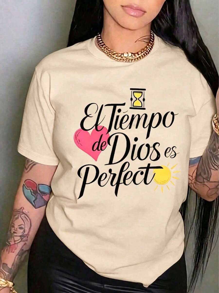Short-Sleeved T-Shirt For Spring/Summer 2026, Made In Mexico, 180 Grams. Cartoon Print, Couple Design, Suitable For Indoor Or Outdoor Wear. Crew Neck, Unisex, Ideal For Office And Leisure. One-Pack - 杏色 - 查看 1