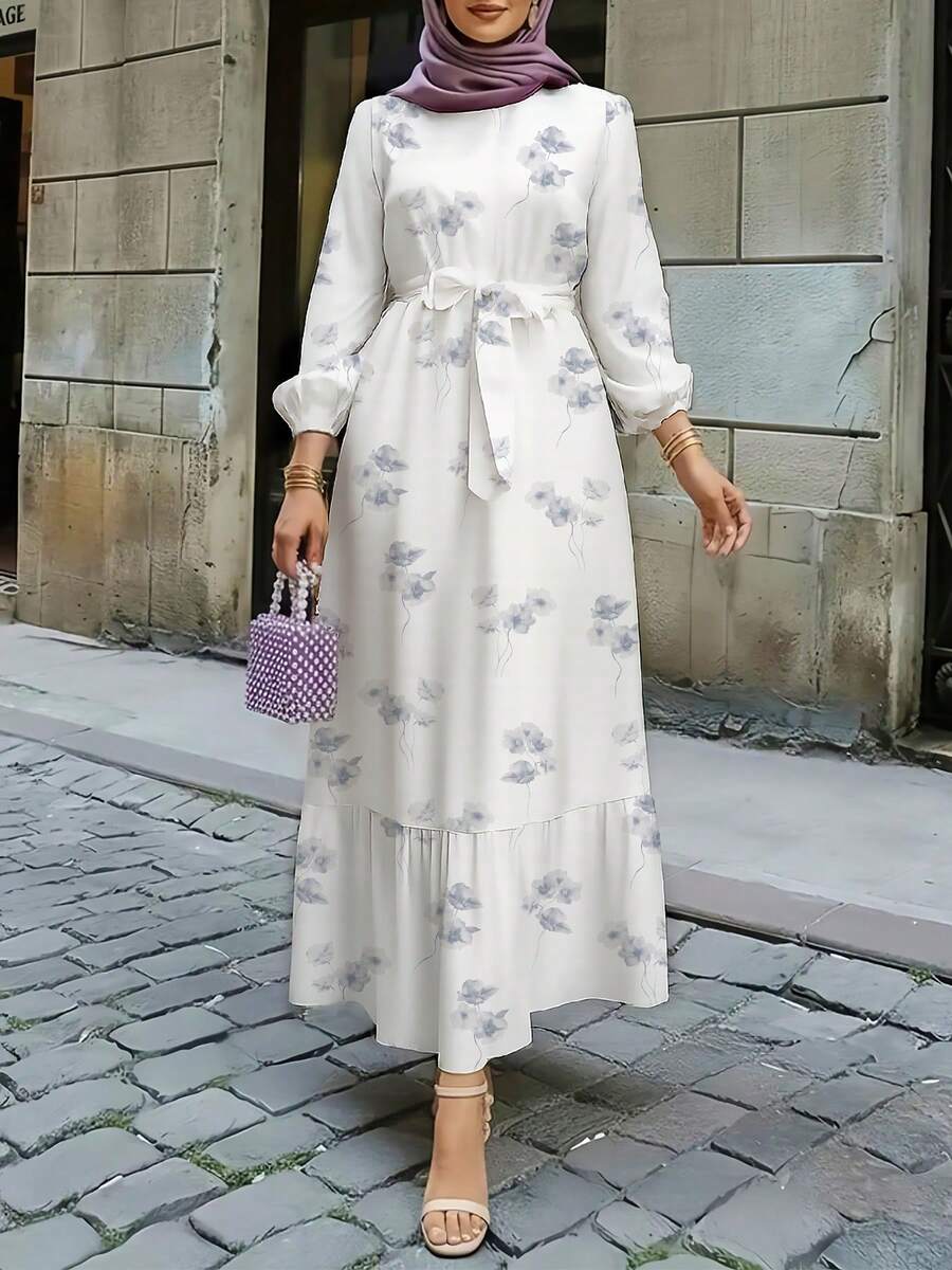 女款優雅花卉印花彈性腰褶邊下擺阿拉伯風洋裝 秋季 - 藍色 - 查看 1