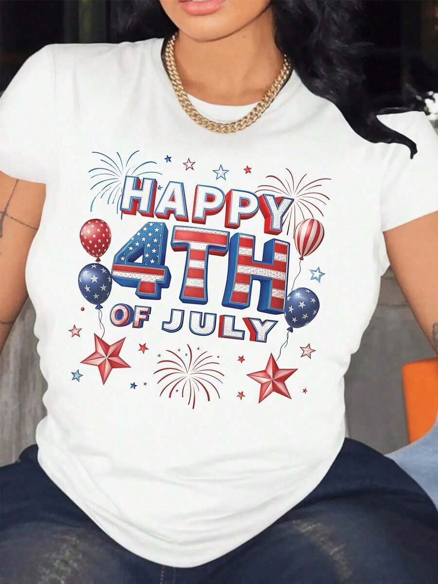 Mother's Day Set - - Patriotic Independence Day T-Shirt - Celebrating Fireworks And The Stars And Stripes Pattern - Red, White, And Blue T-Shirt - Independence Day Set - Casual T-Shirt Suitable For Parades, BBQs, And Parties - Machine Washable - Classic American Clothing, Crew Neck Design, Suitable For All Seasons. Cute Tops For Women - 白色 - 查看 1