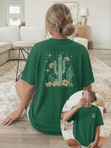 Women's Short-Sleeve Blouses Plus Size Short-Sleeve T-Shirt For Women - Double-Sided Cactus And Starry Sky Print Crew Neck Blouse - Compatible Top | Loose Fit, Casual, Machine Washable, Suitable For All Seasons, Spring And Summer Wardrobe Essential. Gym Y2k Crew Neck 100% Cotton Soft Fabric Short Sleeve Breathable And Cool May Festival Mother's Day Father's Day Unisex 100% Cotton - 綠色的 - 查看 6
