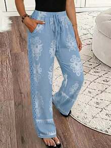 Pantalones Largos Casuales de Mujer FDHE con Cordones Laterales y Efecto Denim Sólido para Otoño - Azul 5 - Ver 3