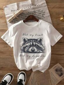Adorable Camiseta con Estampado de Mapache Pequeño, Top Casual de Manga Corta y Cuello Redondo para Verano y Primavera, Ropa de Mujer - Ligera - Blanco - Ver 8