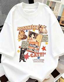 Camiseta informal con estampado de póster de gato retro Y2K, camiseta de manga corta y cuello redondo para mujer. Imprescindible para los amantes de los gatos - Camiseta unisex de algodón holgada de manga corta y cuello redondo estilo vintage urbano-Vintage Street Style Unisexoose Cotton Short Sleeve Crew Neck T-Shirt - Blanco - Ver 6