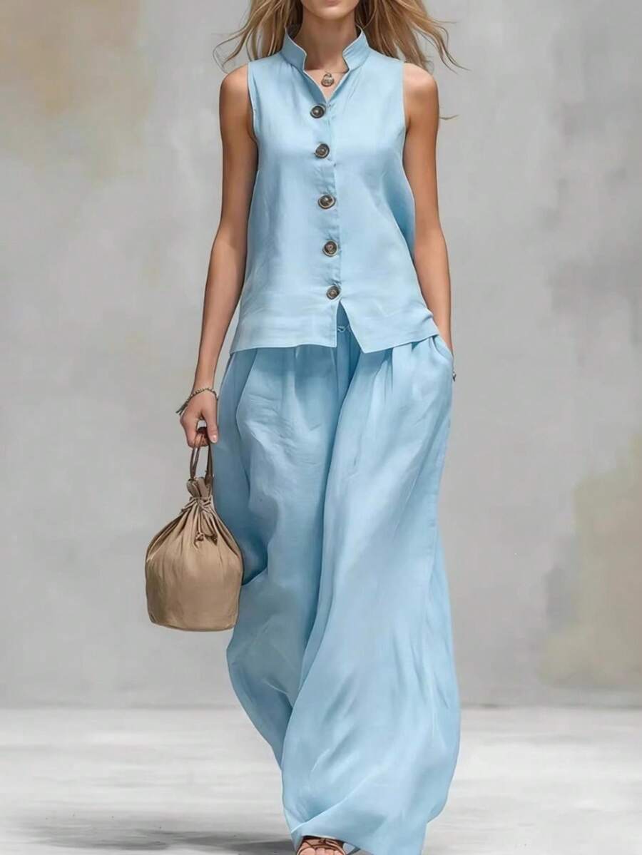 Conjunto casual de verano 2026, top con cuello V y pantalones largos de moda - Lavado medio - Ver 1