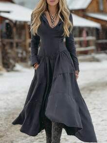New  Women's Dress, Denim Style, Long Sleeves, Fitted Cut, Appliqué/Fabric Mix Design, Casual Style, Flattering Design, Perfect For Everyday And Urban Looks - 深灰色 - 查看 7