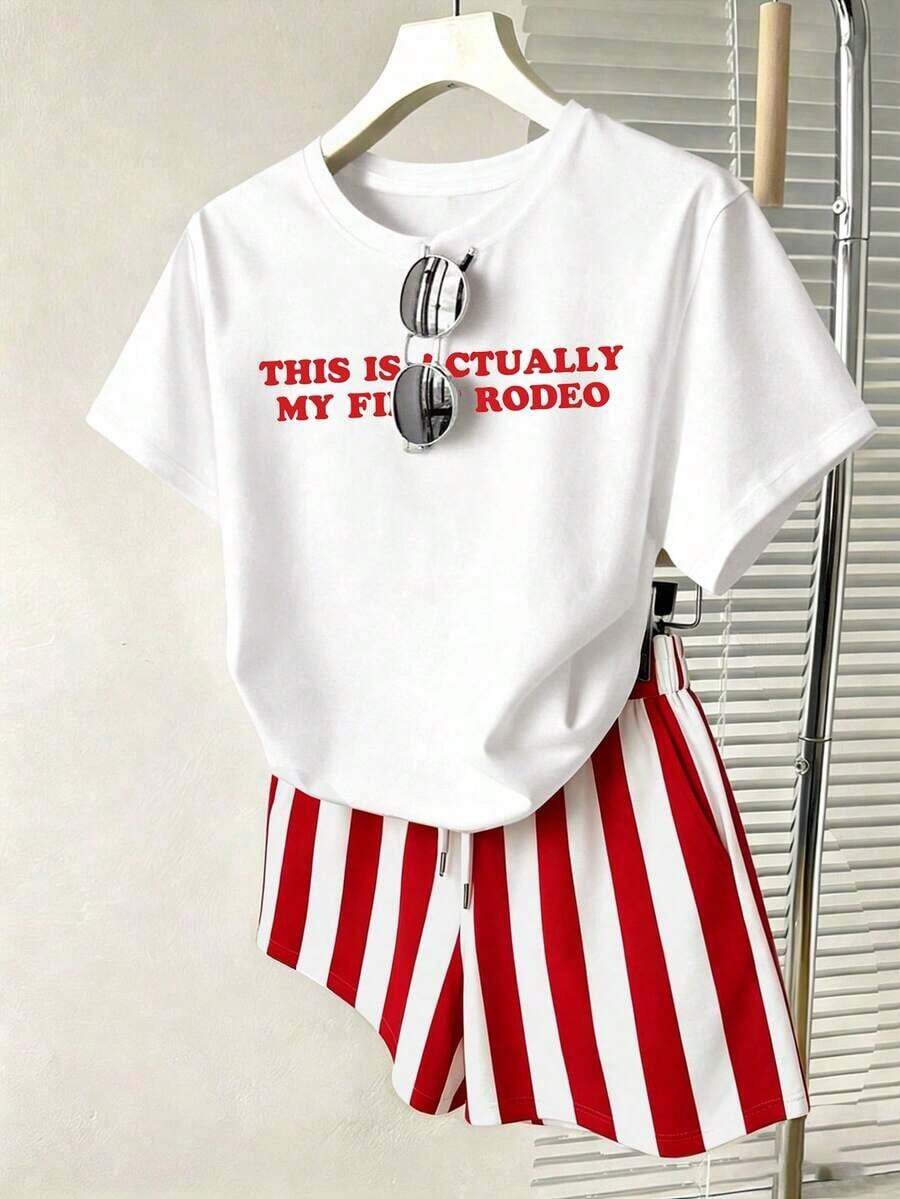 Conjunto de dos piezas de verano para mujer, shorts a rayas blancas y azules, camiseta holgada para mujer, conjunto básico talla grande vendido, con estampado de lazo - Multicolor 4 - Ver 1