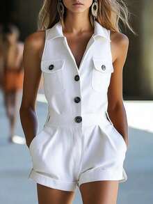 New Summer Women's Short Jumpsuit, Fashionable, Cowboy Style, Sleeveless, V-Neck, Button Front, Flattering Design, Perfect For Casual And Daytime Looks - Putih - View 6