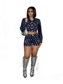 Spring And Summer Casual Women's Two-Piece Set, Printed And Embroidered Long-Sleeved Shorts Set, Slim And Stylish, Suitable For Vacation And Daily Outings - 黑色 - 查看 4