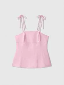 Top camisero con lazo decorativo, unicolor de estilo minimalista y de moda, adecuado para el verano - Rosa - Ver 1