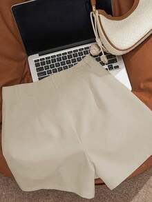 casuales blancos de talle alto y holgados para mujer, shorts anchos estilizadores - Caqui - Ver 4