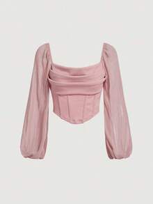Lantern Sleeve Ruched Bustier Bandana Hem Crop Pink Chest-Back Top - Rosa vieja - Ver 5