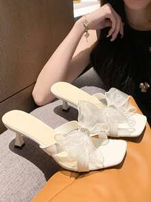Giày sandal cao gót lưới thắt nơ thanh lịch dành cho nữ, phù hợp cho đám cưới, đi chơi với bạn bè, du lịch và các dịp khác, một lựa chọn giày dép không thể thiếu cho mùa xuân/hè. - Màu be - Xem 7