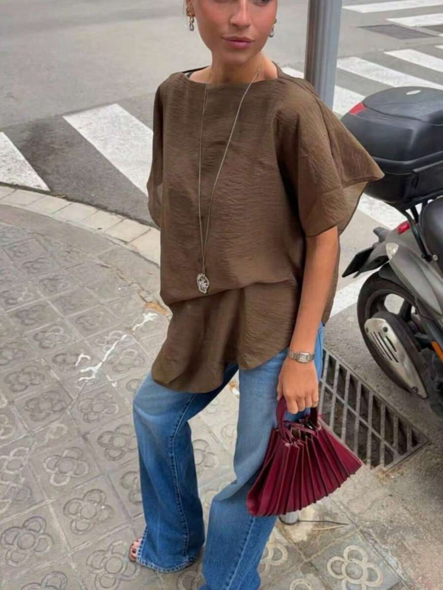 غطاء غير متماثل فضفاض جديد، تصميم منسدل، قماش منسوج مريح، مناسب للاستخدام اليومي، الغداء، المواعدة، العطلات الصيفية - بني - مشاهدة 1