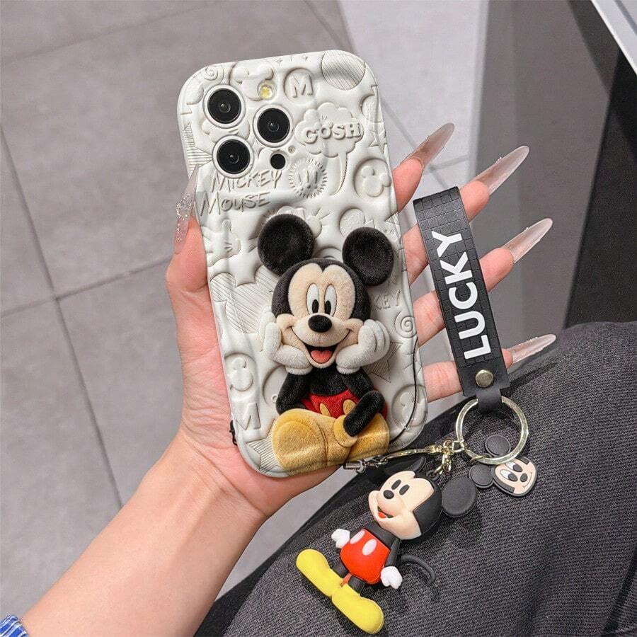 Disney Mickey Mouse Clubhouse Phone Case : 3D Fluffy Pattern Border Protector Phone Soft Phone Case With A Free Cute Mickey Bracelet Chain Lanyard, Mickey, Minnie, Goofy, Donald Duck, Daisy Duck, Pluto, For Apple 17 Promax 17 Pro 16 15 14 13 12 11 Pro Max XS Max X XR Soft Cover Summer Phone Case - 白色 - 查看 1
