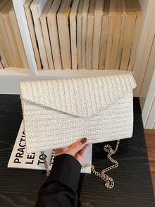 1pc Summer Design New Women's Clutch Bag, Shoulder Diagonal Chain Envelope Bag, Straw Woven Vacation Bag, Casual Chic Striped Design Elegant Popular Bag, Suitable For Beach Vacation, Beach Outing, Etc. - Beige - View 6