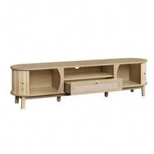 Mueble para TV con puertas y cajones. Mueble de ratán para TV, puertas de madera maciza, solución de almacenamiento de estilo rústico – panel frontal bajo. - Color natural - Ver 9