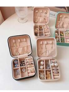 Large Capacity PU Leather Jewelry Box, Women's Striped Travel Jewelry Case, Double-Layer Portable Mini Travel Box, Can Store Earrings, Rings, Necklaces And Bracelets, Also Suitable For Storing Girls' Hair Accessories, Ideal Gift For Bridesmaids, Christmas, Mother's Day, Back To School - Multicolor - View 10