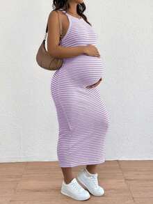 Vestido Halter Ajustado a Rayas Casual para Maternidad - Lila Púrpura - Ver 5