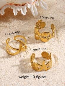 Bộ 3 chiếc nhẫn hở hình sao biển mạ vàng 18K bằng thép không gỉ, thích hợp cho nữ đeo hàng ngày, dự tiệc và đi biển. - Vàng - Xem 2