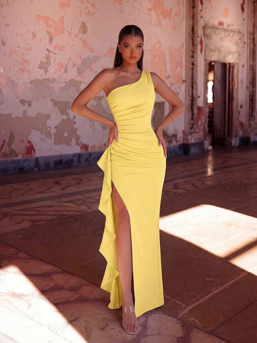 ADYCE Elegant One-Shoulder High-Waisted Ruffled High-Slit Floor-Length Prom Gown Homecoming Wedding Guest Formal Dinner Summer Back To School Date Night - Yellow - View 1