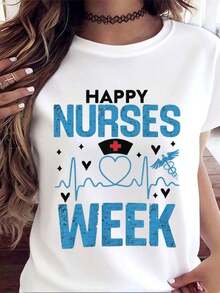 Camiseta para la Semana de las Enfermeras con Estampado de Gorro de Enfermera, Latido del Corazón y Caduceo para Celebración de la Semana de las Enfermeras - Blanco - Ver 2