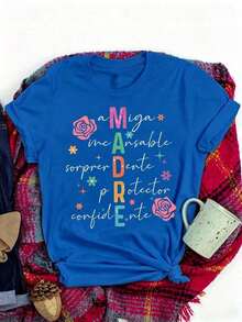 Camiseta estampada con diseño de mamá española para mujeres - diseño de flores y estrellas multicolores, blusas para mujer, camisa casual de cuello redondo suave y elástica, tops de mujer, playera de mujer, ideal para primavera y verano, lavable en máquina. ,100% Algodón Día de las Madres para Mamá - Azul - Ver 3