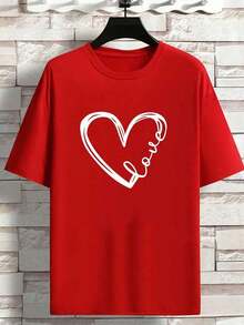 Camiseta gráfica de mujer de manga corta con cuello redondo, de moda con estampado de corazón, para uso diario casual100% Cotton - Rojo - Ver 3