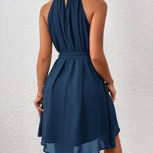Solid Belted Halter Dress - Azul - Ver 3