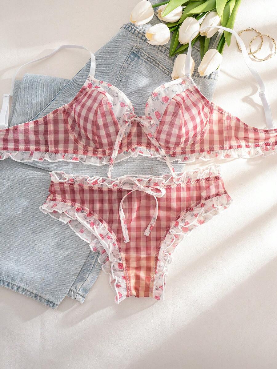 1 Set Women Floral Print Underwire Comfortable Bra Set - Pink - View 1