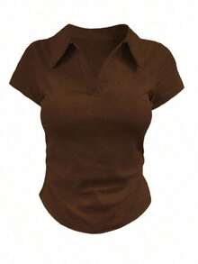 Camiseta casual versátil de mujer con cuello y mangas cortas plisadas - Negro - Ver 5
