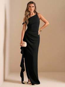 de dama de honor de otoño/invierno, vestido largo elegante con pliegues, abertura alta, volantes y hombros oblicuos con nudo retorcido y sin tirantes, sexy para fiestas - Negro - Ver 3