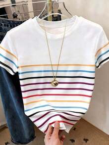 Camiseta de mujer de manga corta con cuello redondo, casual y versátil, a rayas - Multicolor 6 - Ver 2