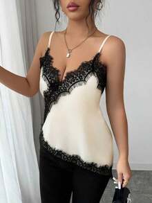 Camiseta de mujer elegante con parches de encaje y lunares - Albaricoque - Ver 6