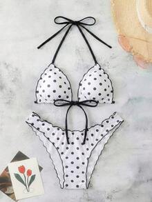 Conjunto de bikini de dos piezas con estampado de lunares, camiseta con lazo sexy y traje de baño para vacaciones en la playa para mujer - Blanco y Negro - Ver 4