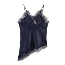 Camiseta sin mangas asimétrica de encaje con contraste de unicolor para mujer, elegante top holgado sin mangas casual de verano - azul real - Ver 3