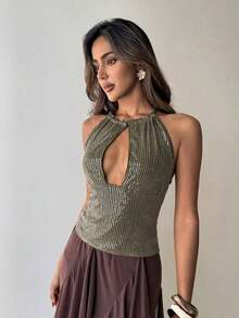 Nuevo camisol de tirantes finos con espalda descubierta y lentejuelas rosas para mujer, elegante y sexy, ideal para el Día de San Valentín, fiestas y viajes - Verde 2 - Ver 3