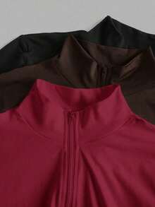 Set de 3 camisetas de manga larga con cuello en V, cremallera y ajuste ceñido, de estilo casual para otoño/invierno para mujer, en colores blanco + negro + gris - Multicolor 3 - Ver 6