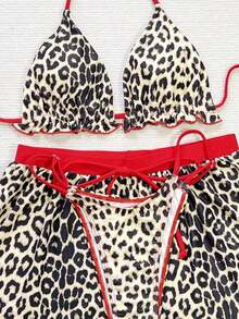 Conjunto de bikini de 3 piezas con parte superior de atar al cuello, estampado de lunares y shorts, con volantes, para mujer, para playa de verano - Multicolor 2 - Ver 3