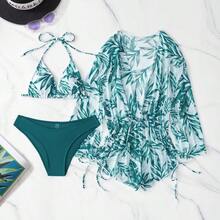 Swim Lushore Swimsuits For Woman Summer Beach 3packs Random Tropical Print Halter Drawstring Side Bikini - Azul Marino - Ver 3