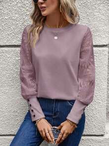 Blusa de mujer con mangas de encaje floral, parches y tejido de gofre, color blanco - Morado - Ver 6