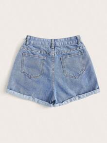 Shorts vaqueros de tiro alto enrollados para verano - Azul lavado medio - Ver 2