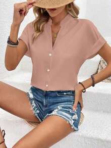 Blusa casual de verano de unicolor con botones delanteros y mangas cortas para uso diario - Rosa Pálido - Ver 4