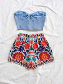 Conjunto informal de 2 piezas de top tubo corto anudado de unicolor y shorts con estampado floral para vacaciones de mujer - Azul - Ver 2