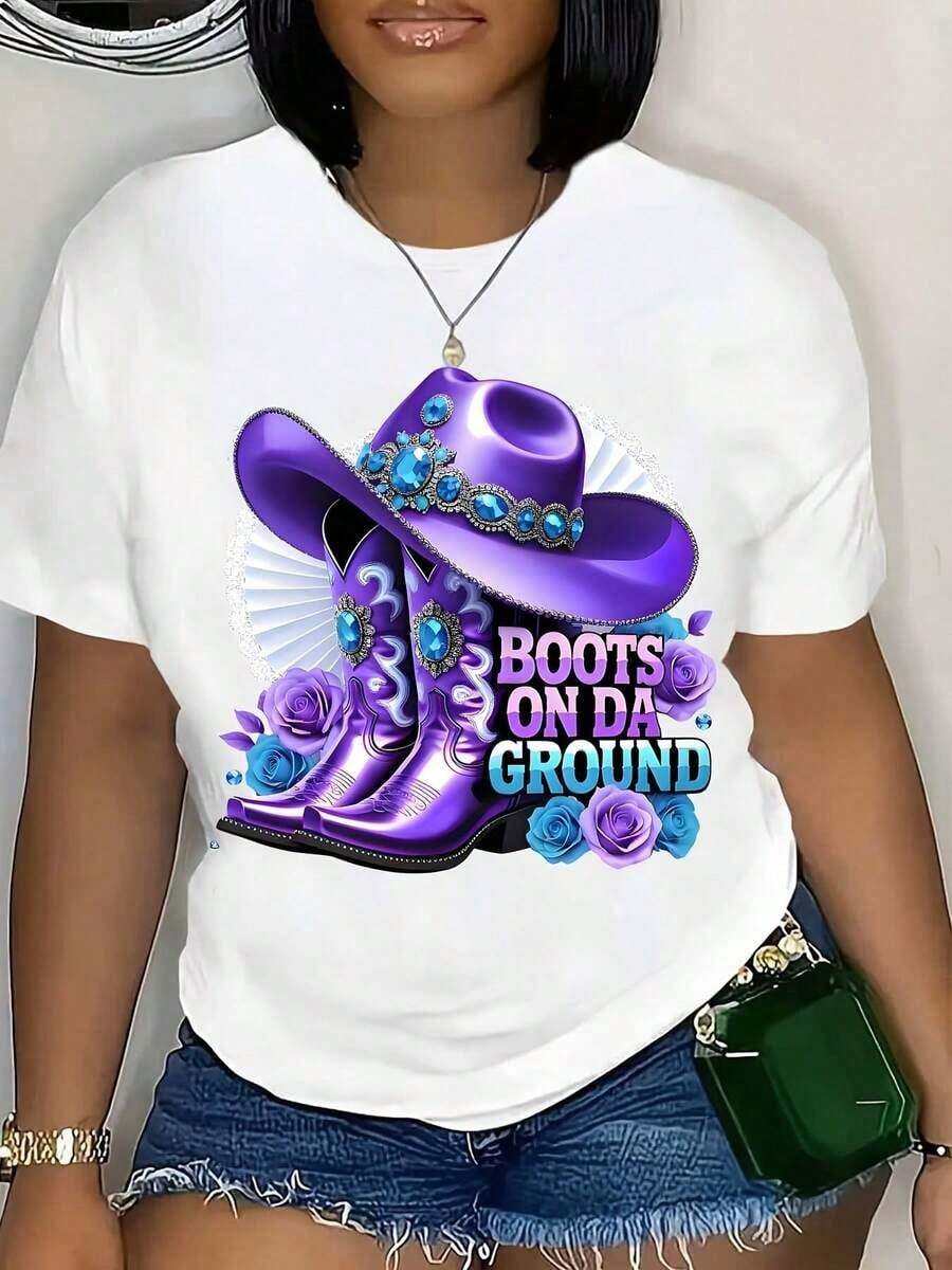Camiseta Gráfica Western "Boots On The Ground" para Mujer, Camiseta Gráfica Retro de Vaquera Western para Verano, Ropa con Temática de Vaquera, Estilo Casual - Blanco - Ver 1